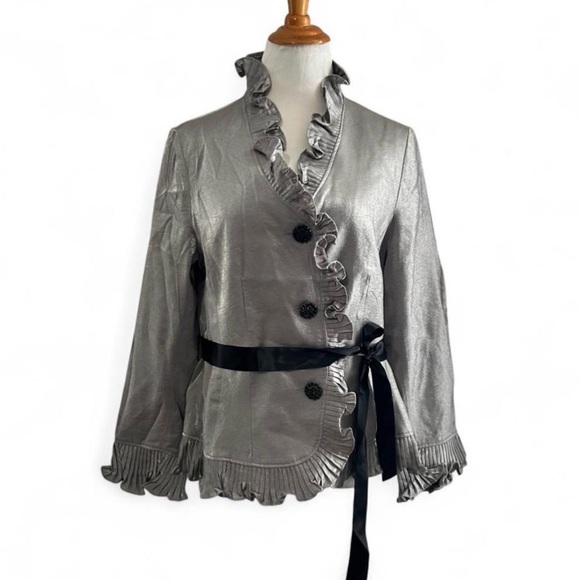 Jerry T Jackets & Blazers - Chic Silver Women's Blazer with Ruffle Trim